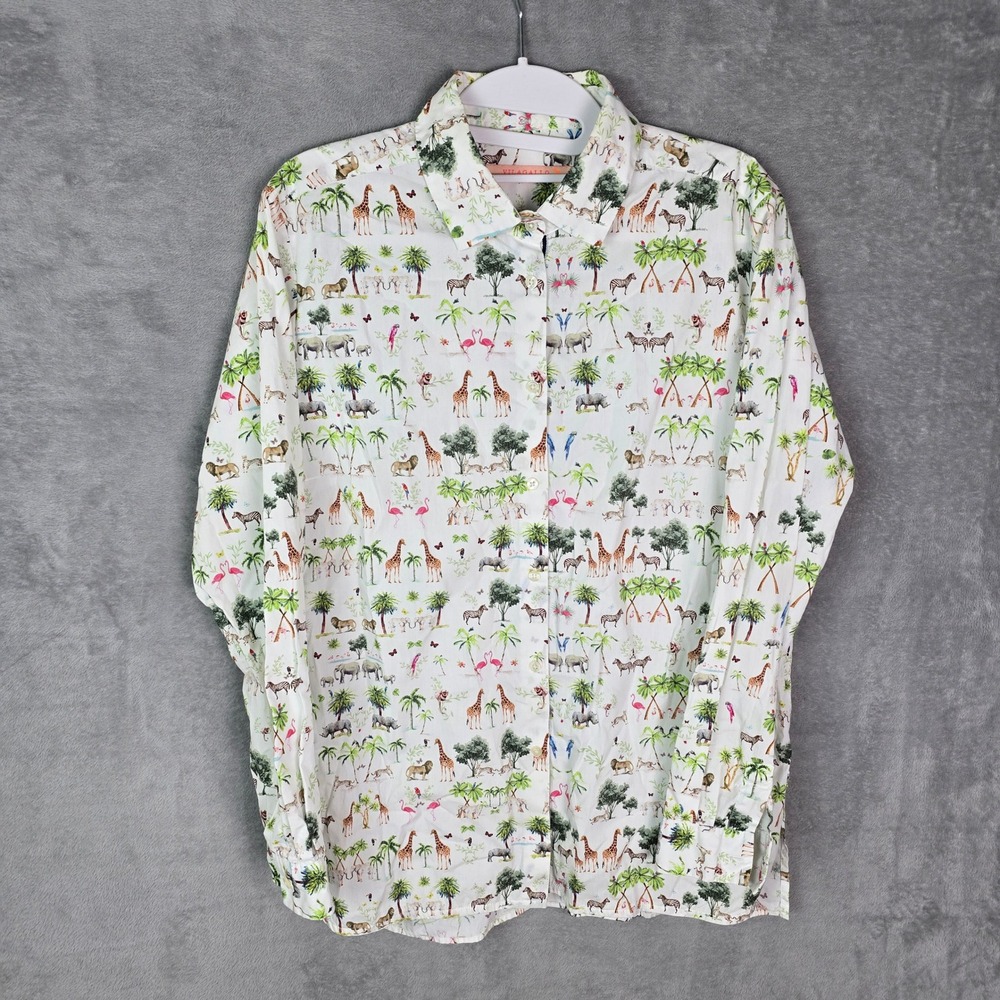 Vilagallo Safari Animal Print Cotton Button Down Shirt White Multi BX 26088
